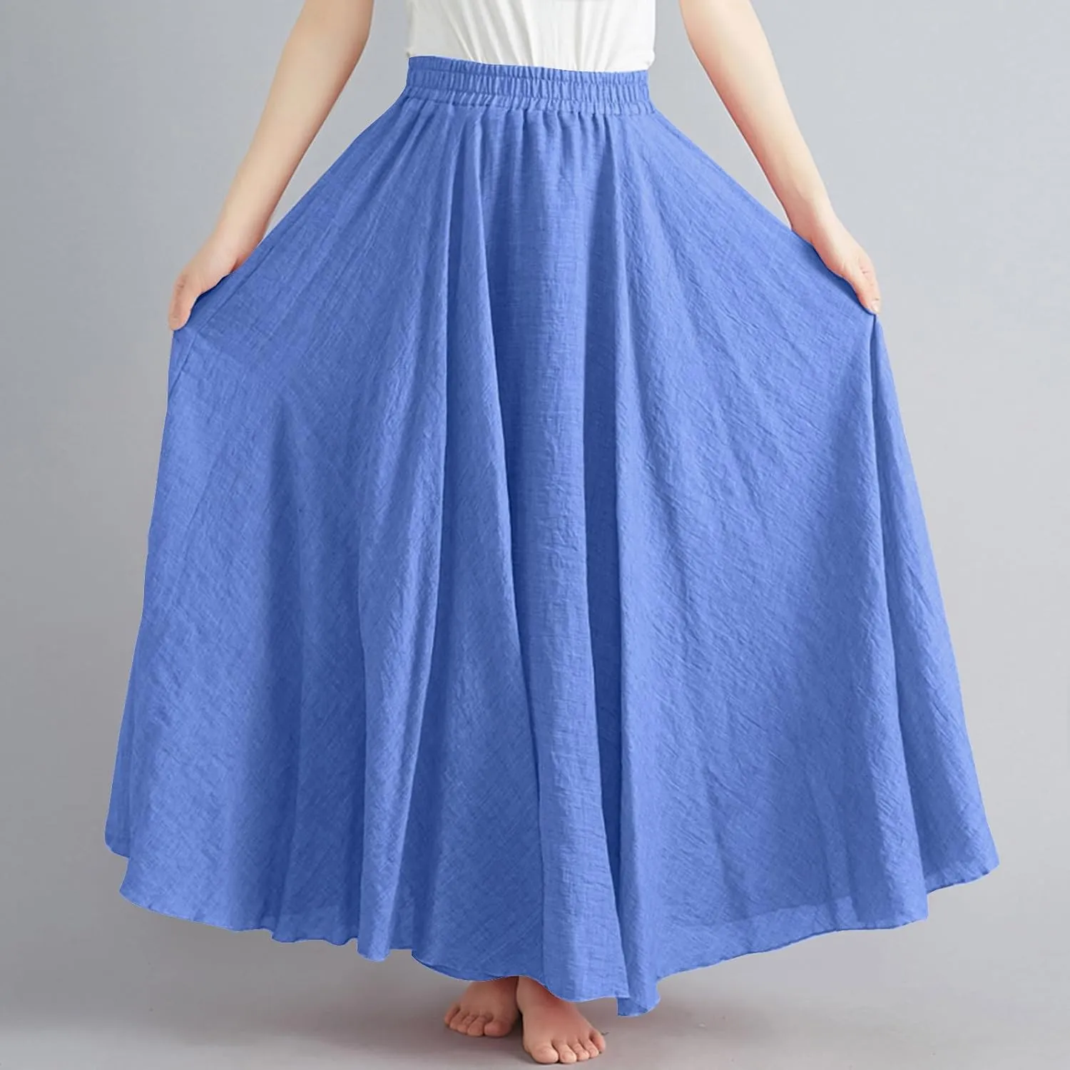 Women Summer Boho Flowy Swing A-Line Maxi Skirt Casual Linen Skirts 2025 Trendy Elastic High Waist Long Beach Dress