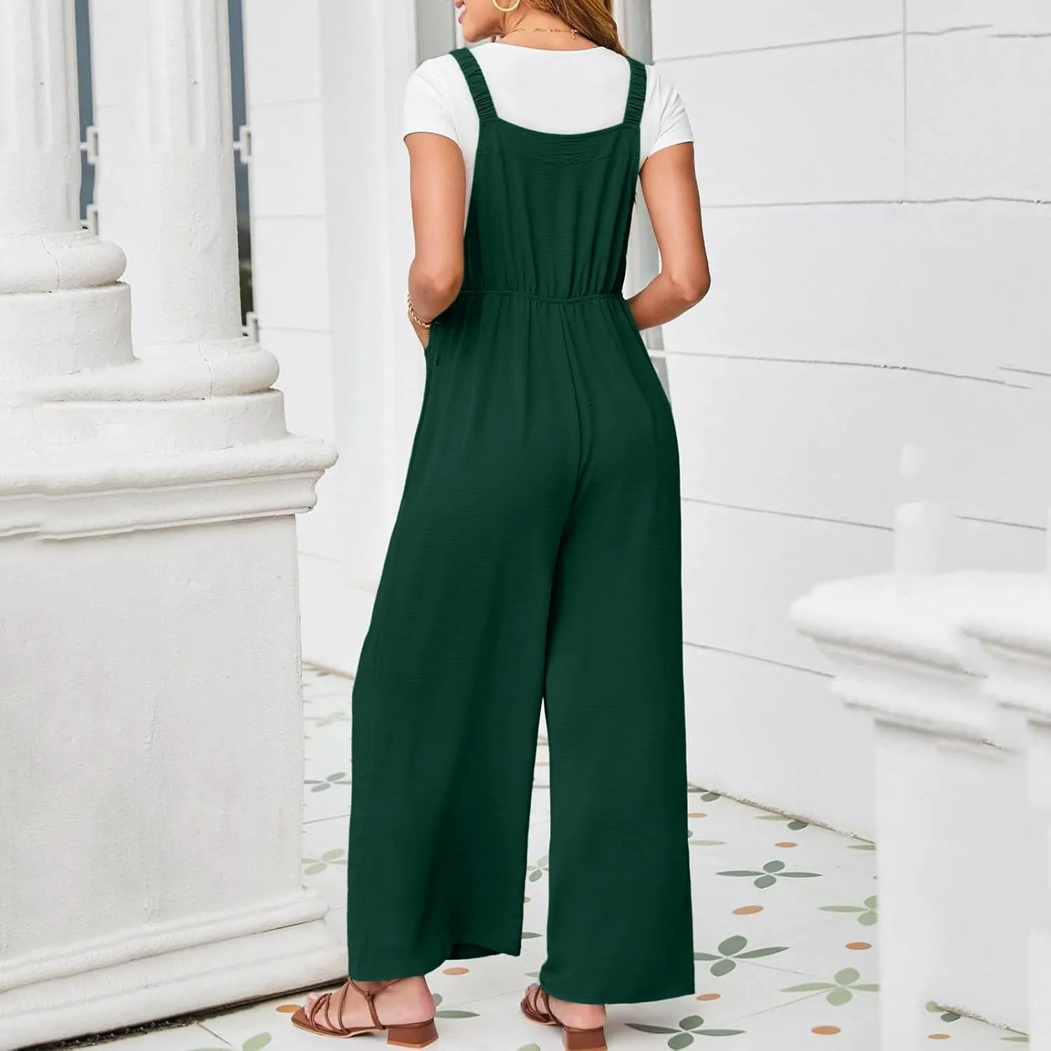Women Summer Dressy Jumpsuits Casual Wide Leg Pants Romper Jumper Front Pocket Straps Loose Overalls Outfit One Piece