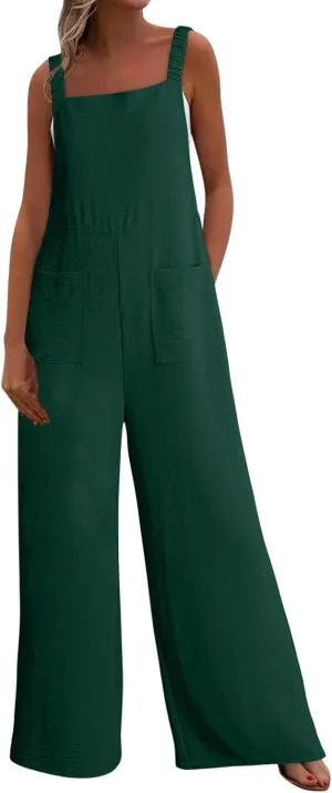 Women Summer Dressy Jumpsuits Casual Wide Leg Pants Romper Jumper Front Pocket Straps Loose Overalls Outfit One Piece