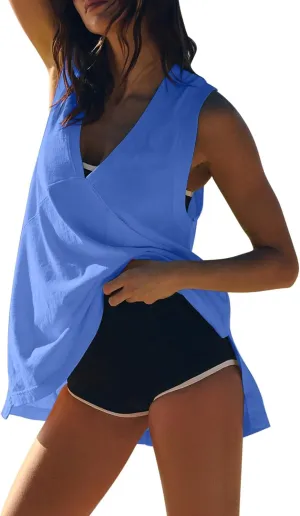 Women Tank Tops Summer Deep V Neck Sleeveless Ruched Side Slit Shirts Casual Fashion Loose Fit Athletic Gym Blouse