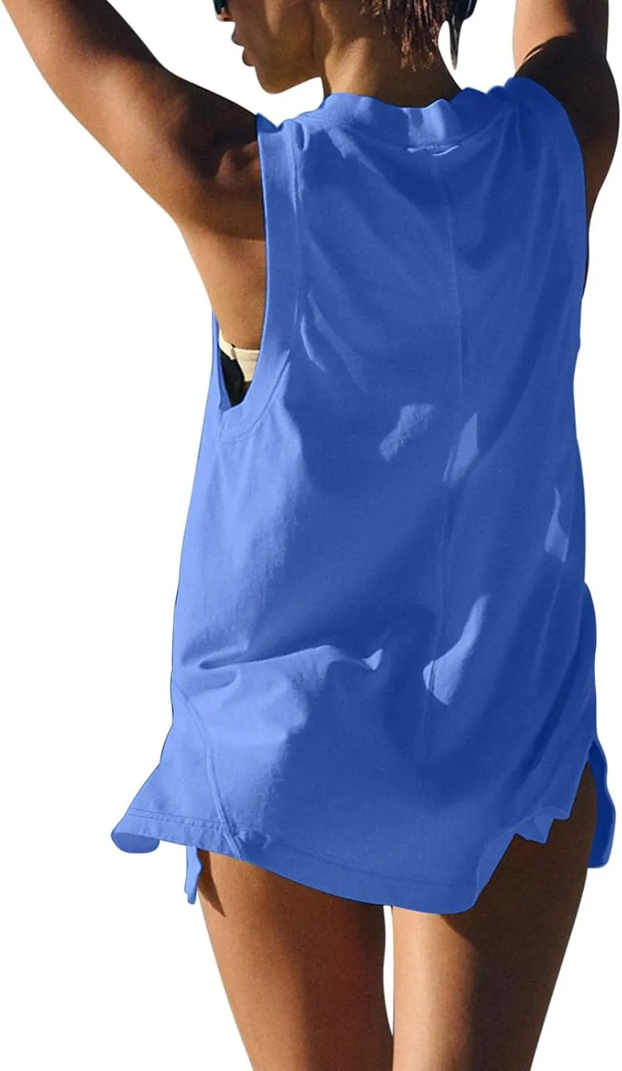 Women Tank Tops Summer Deep V Neck Sleeveless Ruched Side Slit Shirts Casual Fashion Loose Fit Athletic Gym Blouse