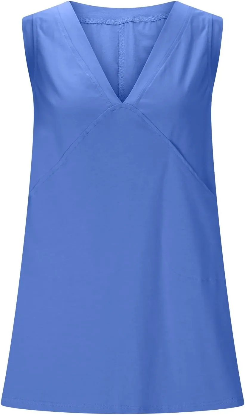Women Tank Tops Summer Deep V Neck Sleeveless Ruched Side Slit Shirts Casual Fashion Loose Fit Athletic Gym Blouse