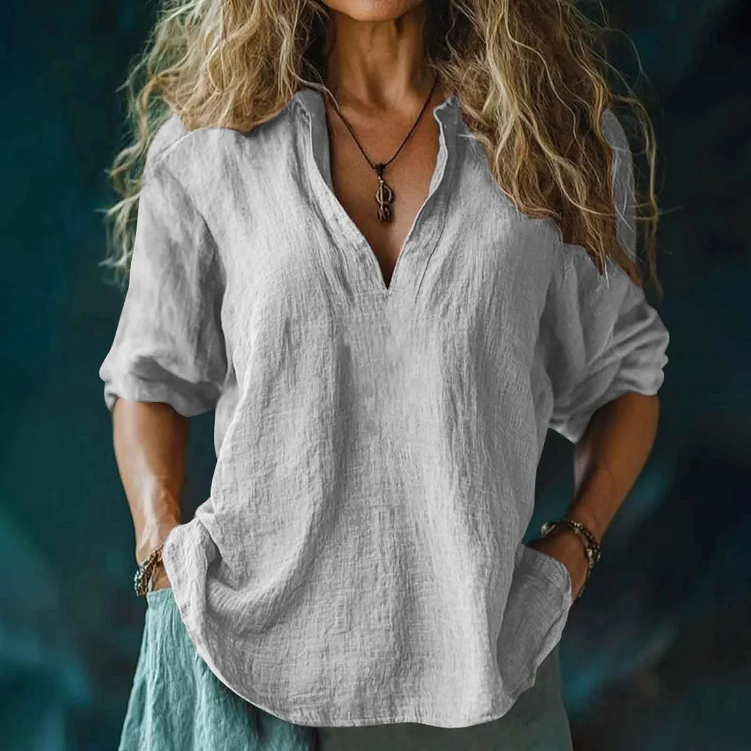 Women V Neck Stand Collar Tunic Tops Summer Cotton Linen 3/4 Sleeve Casual Loose Fit T-Shirts Dressy Basic Office Work Blouse