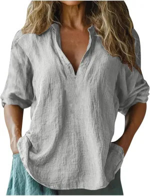 Women V Neck Stand Collar Tunic Tops Summer Cotton Linen 3/4 Sleeve Casual Loose Fit T-Shirts Dressy Basic Office Work Blouse