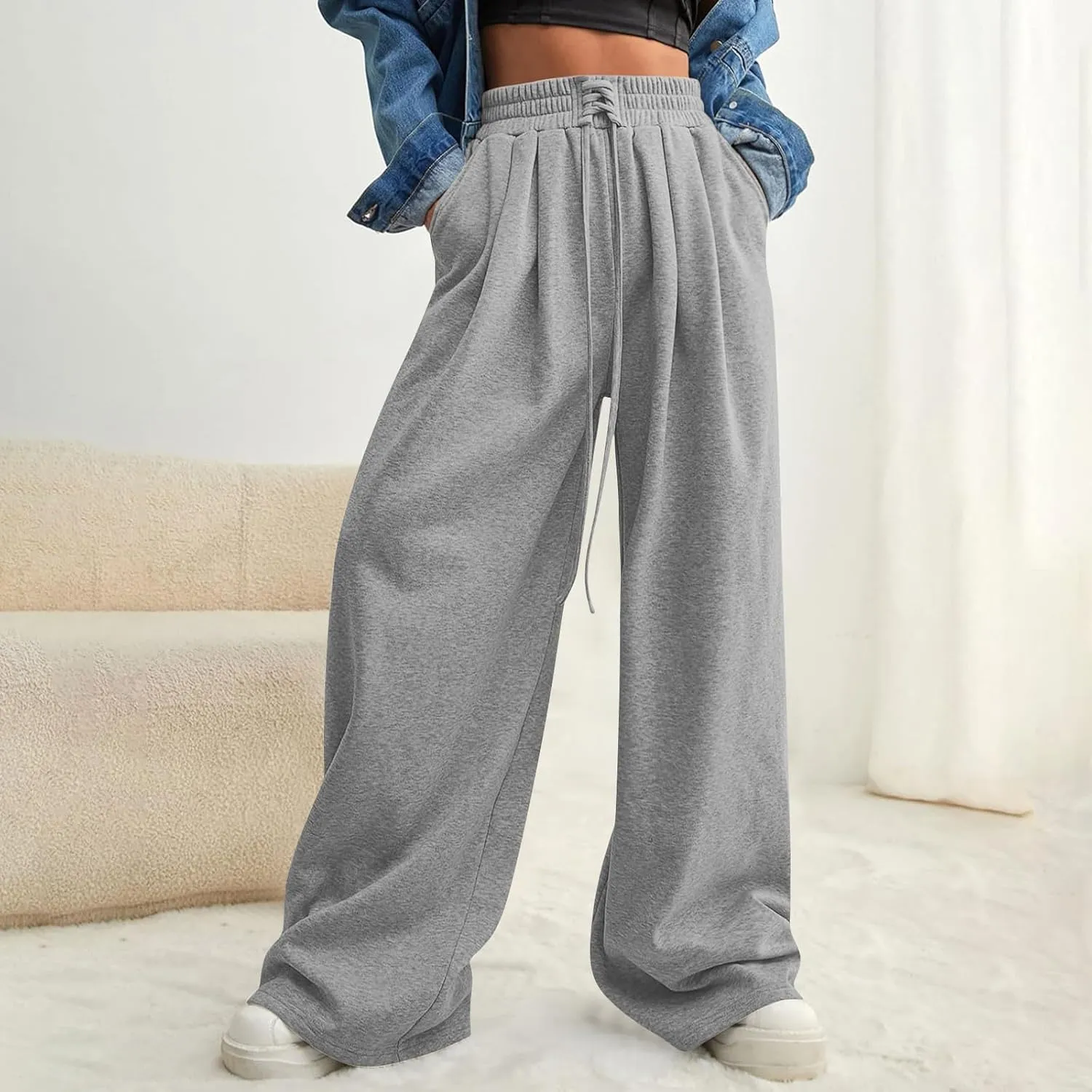 Women Wide Leg Sweatpants Fleece Fashion Loose Pants Full Length Oversized Lounge Joggers Baggy Solid Color Pants