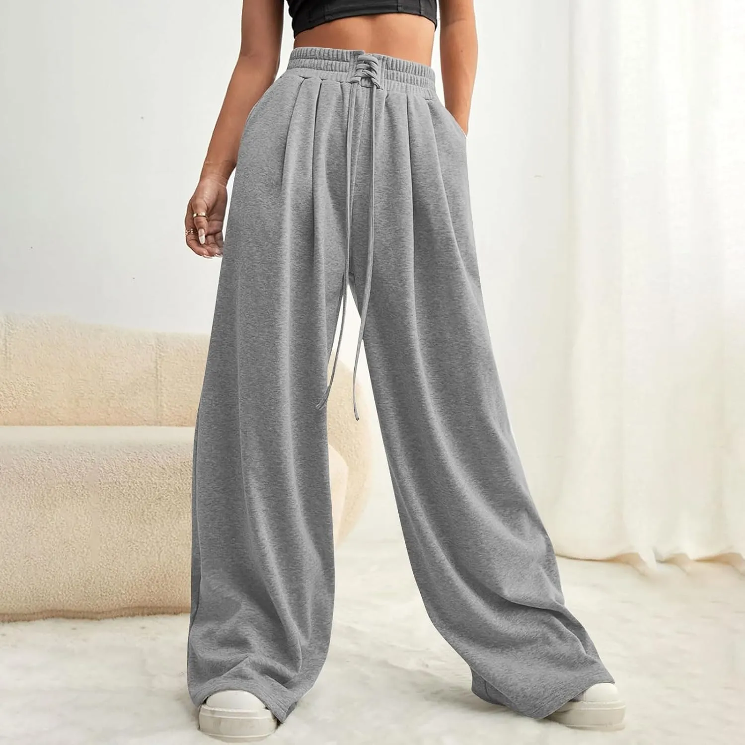 Women Wide Leg Sweatpants Fleece Fashion Loose Pants Full Length Oversized Lounge Joggers Baggy Solid Color Pants