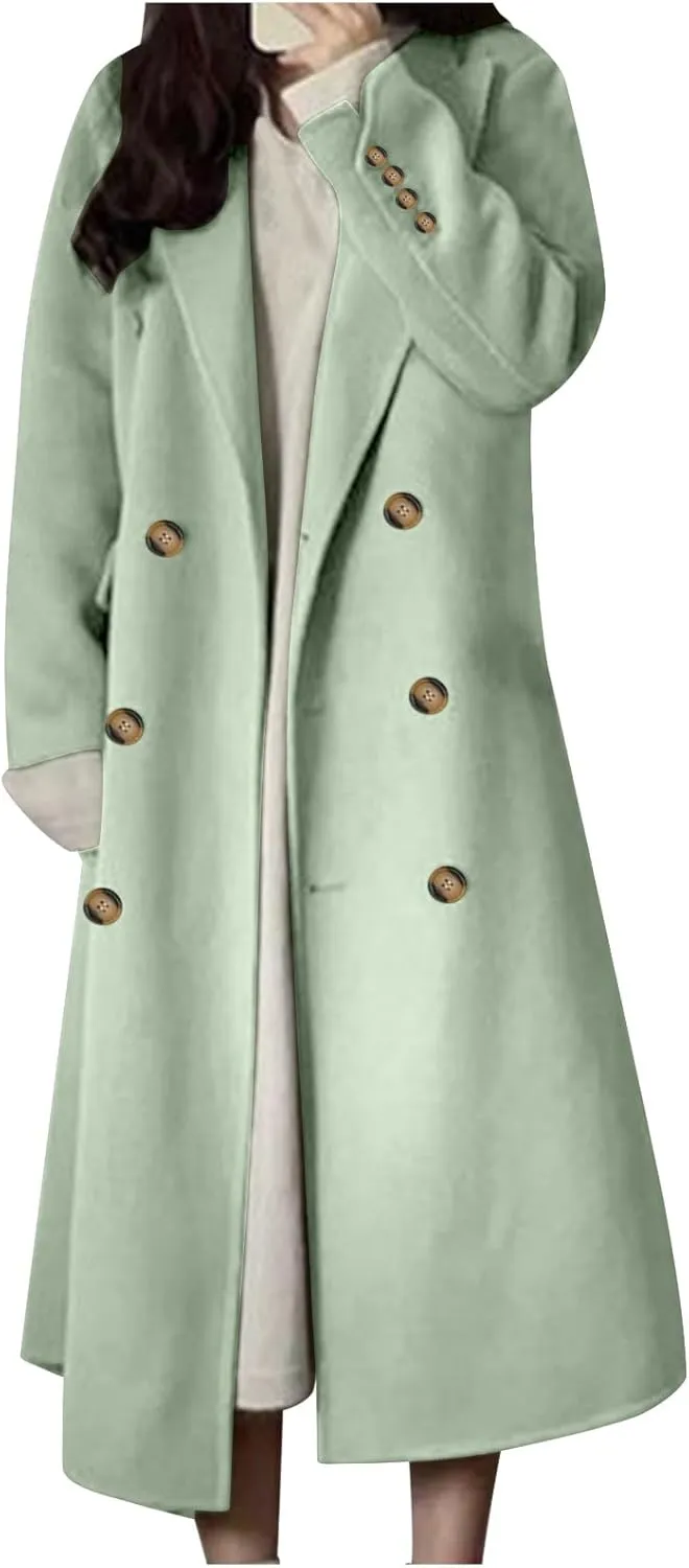 Women Winter Wool Blend Camel Maxi-Long Coat Notch Double-Breasted Lapel Jacket Outwear Business Casual Trench Coats
