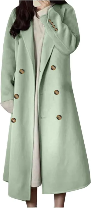 Women Winter Wool Blend Camel Maxi-Long Coat Notch Double-Breasted Lapel Jacket Outwear Business Casual Trench Coats