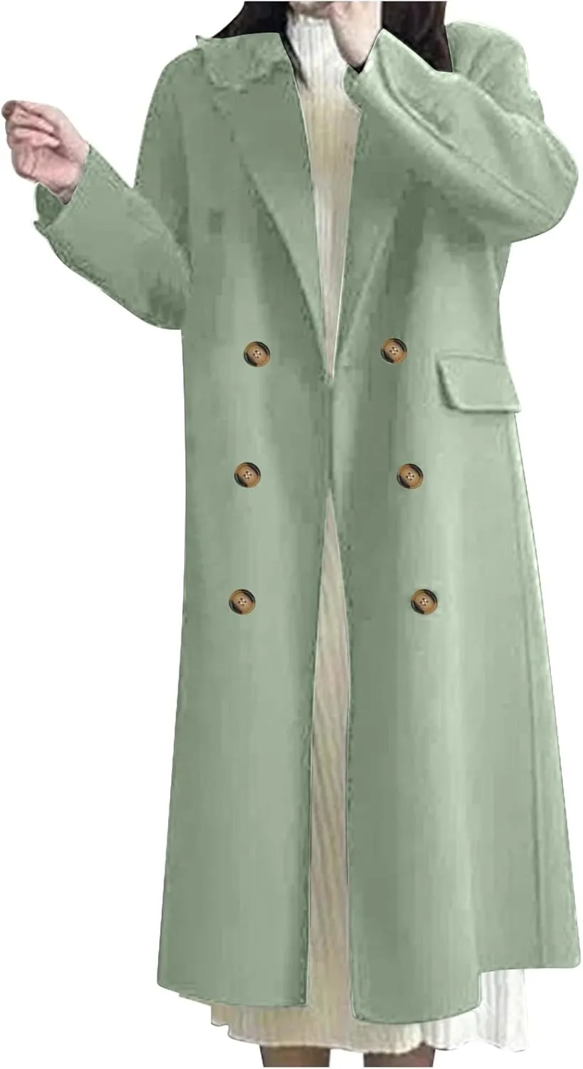Women Winter Wool Blend Camel Maxi-Long Coat Notch Double-Breasted Lapel Jacket Outwear Business Casual Trench Coats