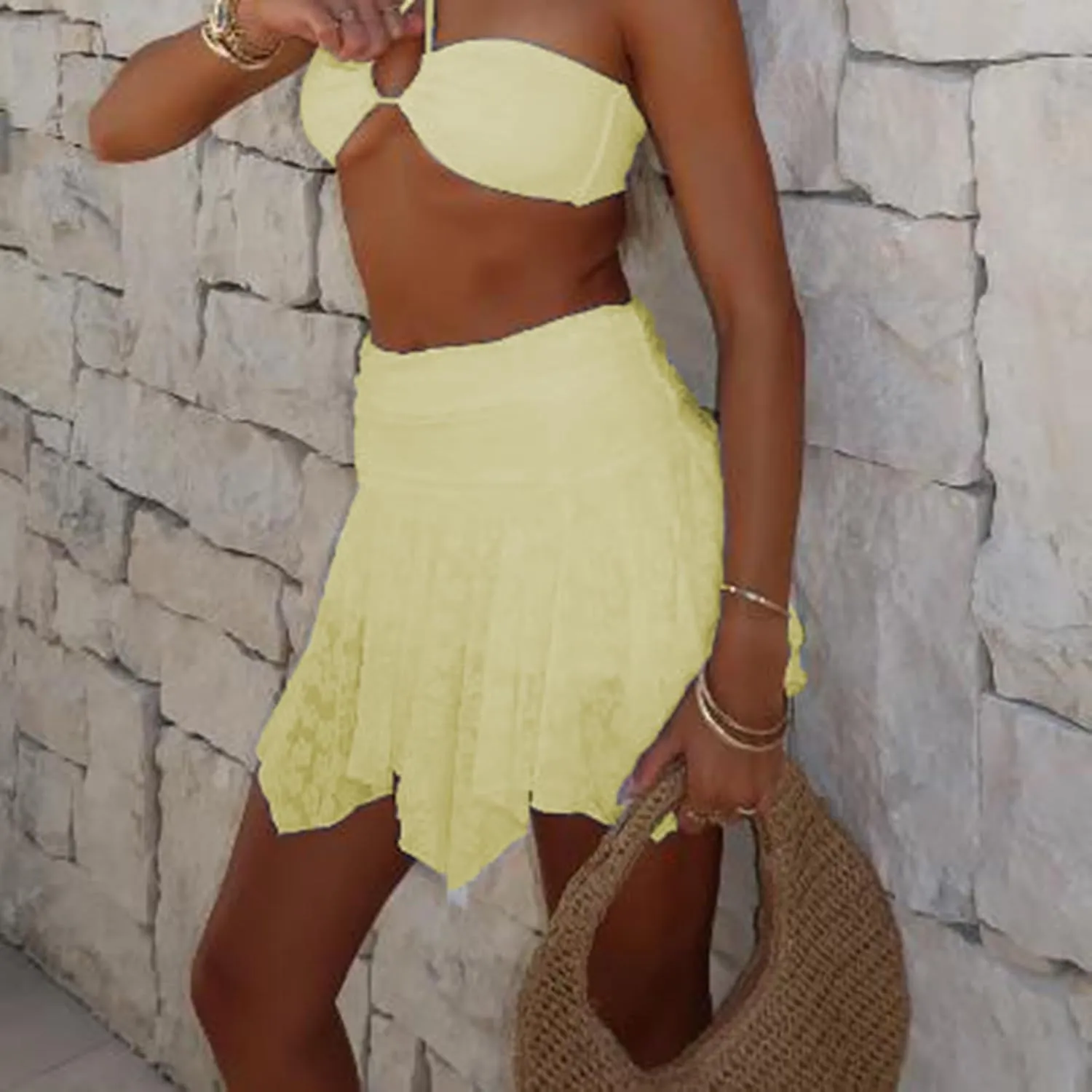 Women Y2k Low Rise Lace Mini Skirts Floral Pleated Ruffle Short Skirts Fairy Solid Color Elastic Waist Skirts