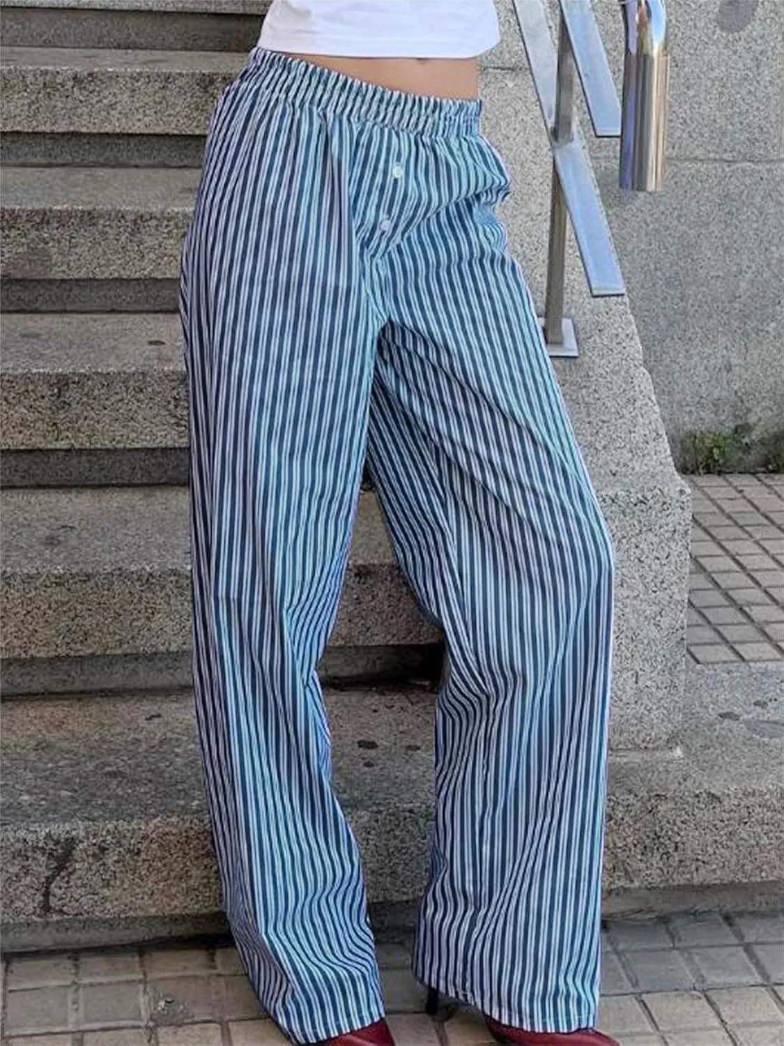 Women Y2k Striped Wide Leg Lounge Pants Straight Elastic Waist Trousers with Pockets Casual Comfy Bottoms
