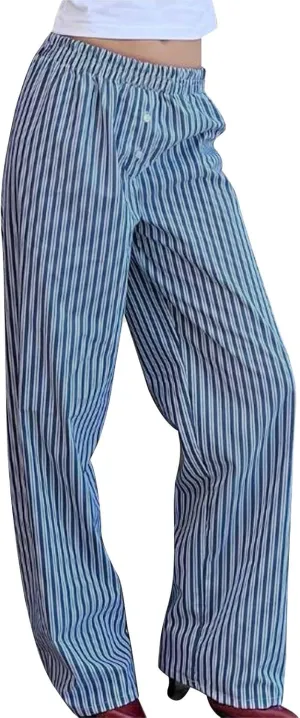 Women Y2k Striped Wide Leg Lounge Pants Straight Elastic Waist Trousers with Pockets Casual Comfy Bottoms