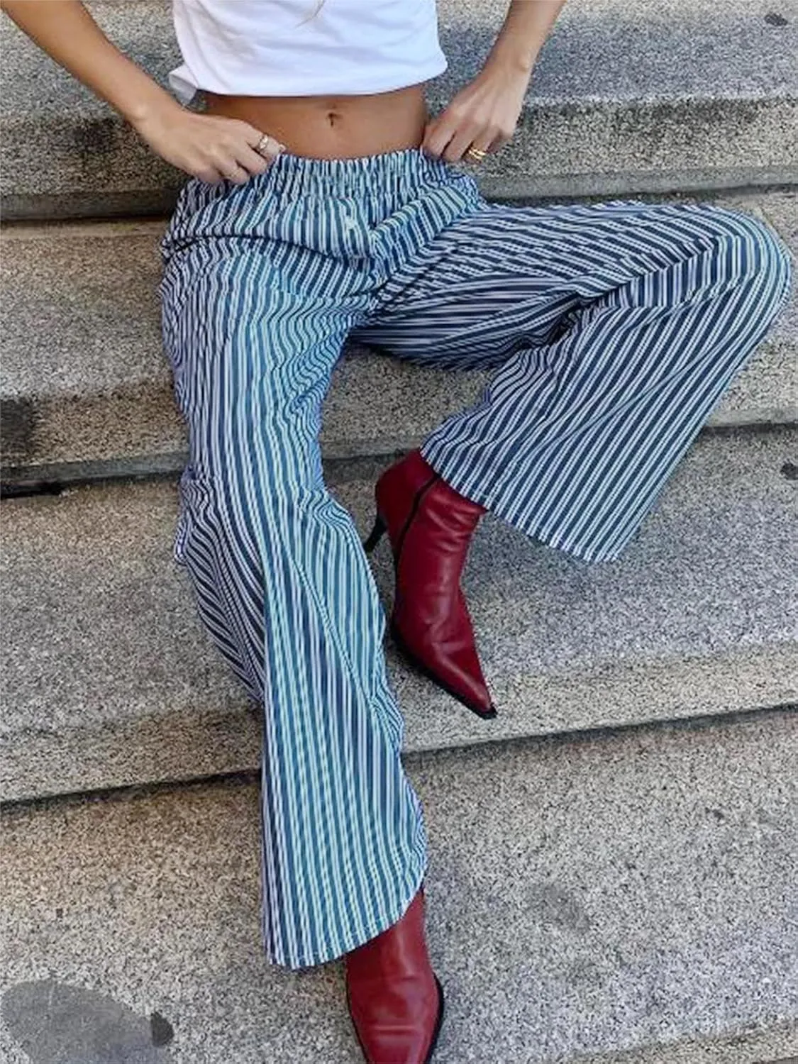 Women Y2k Striped Wide Leg Lounge Pants Straight Elastic Waist Trousers with Pockets Casual Comfy Bottoms