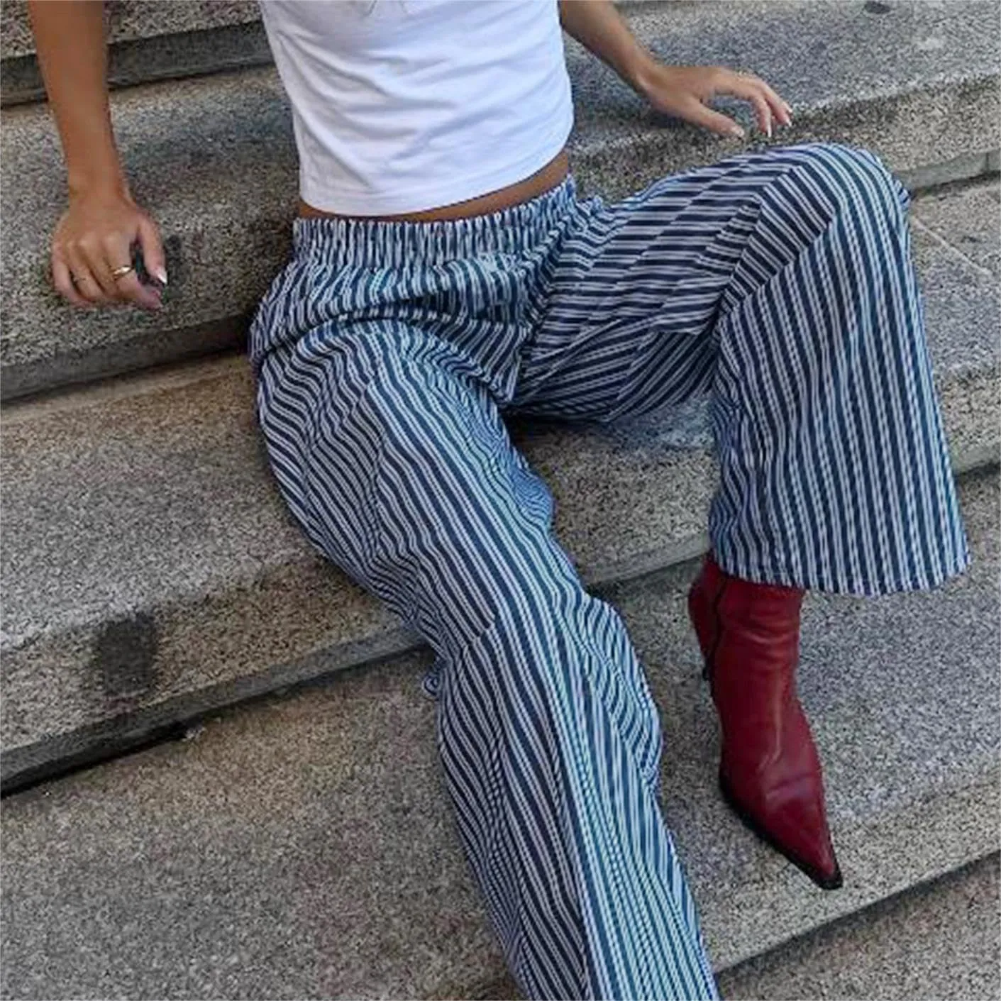 Women Y2k Striped Wide Leg Lounge Pants Straight Elastic Waist Trousers with Pockets Casual Comfy Bottoms