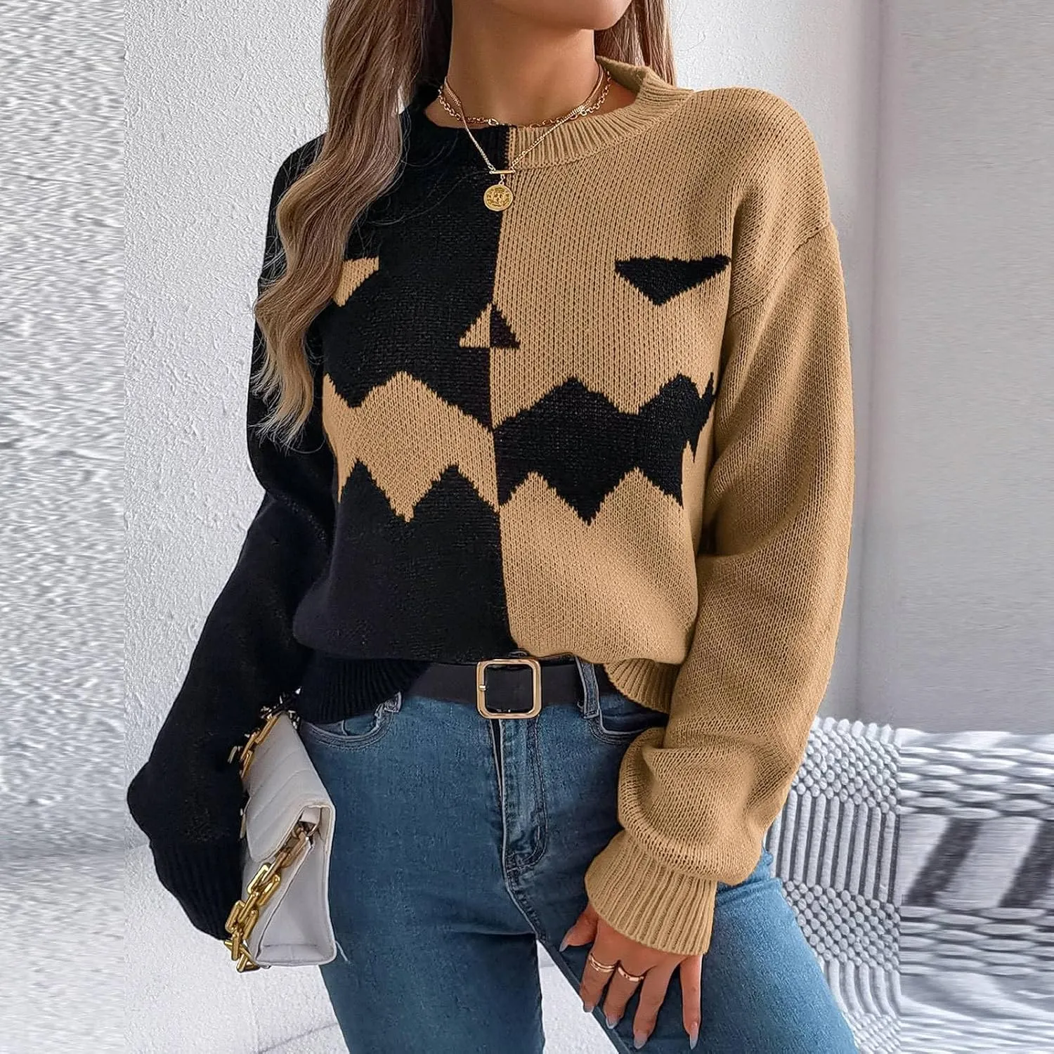 Women's 2024 Fall Fashion Turtleneck Long Sleeve Striped Ribbed Knit Loose Pullover Sweater Tops Crewneck Cozy Tops