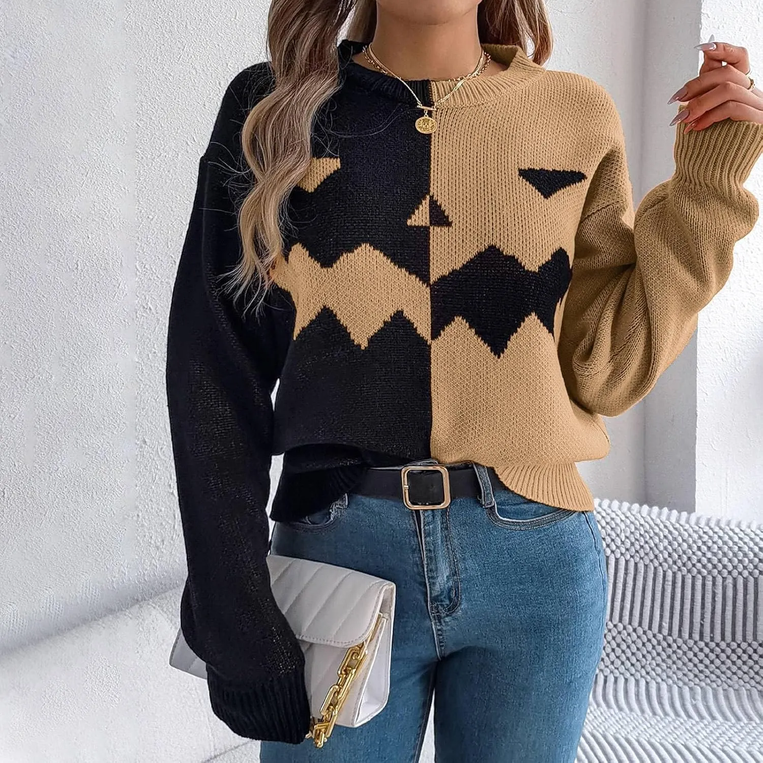 Women's 2024 Fall Fashion Turtleneck Long Sleeve Striped Ribbed Knit Loose Pullover Sweater Tops Crewneck Cozy Tops