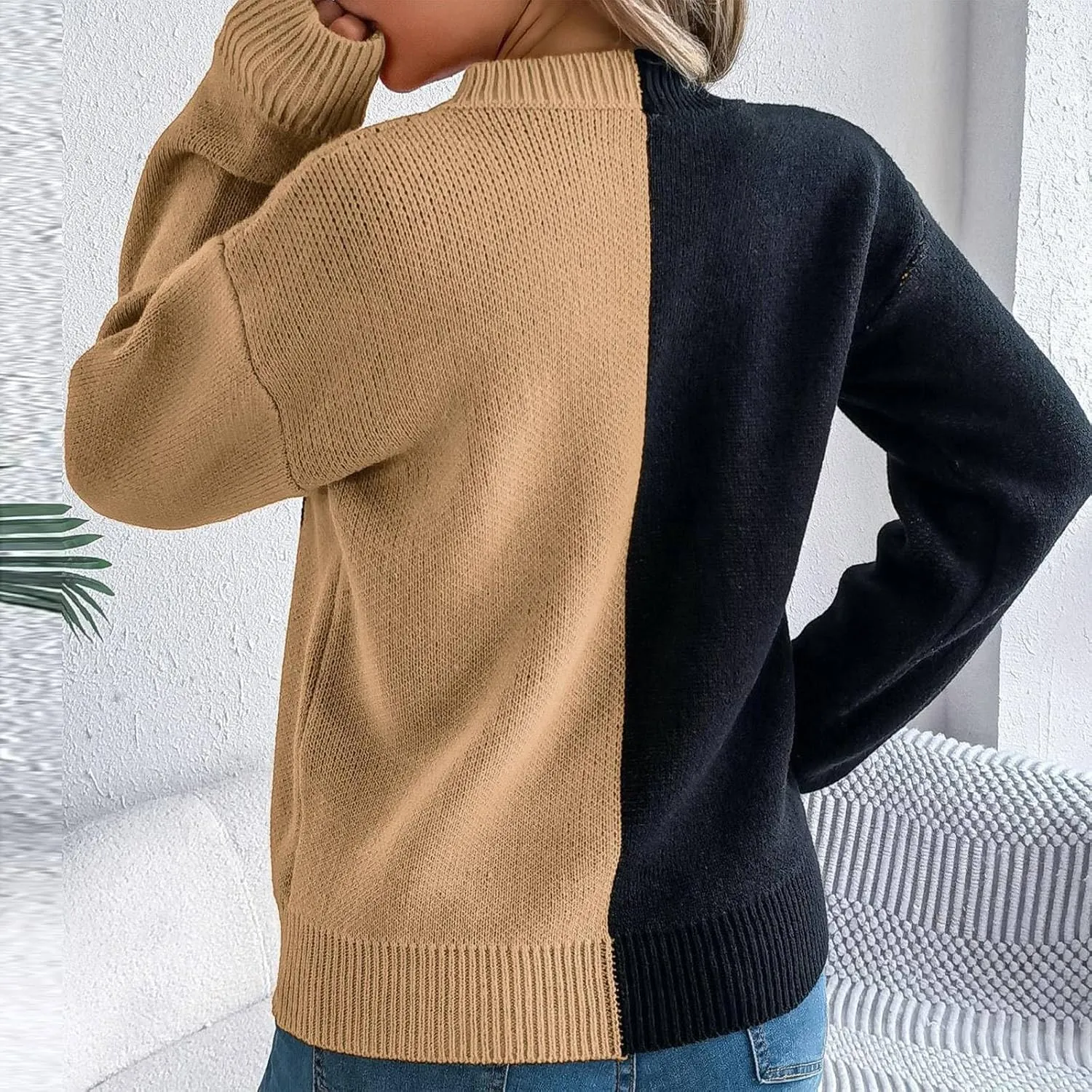 Women's 2024 Fall Fashion Turtleneck Long Sleeve Striped Ribbed Knit Loose Pullover Sweater Tops Crewneck Cozy Tops