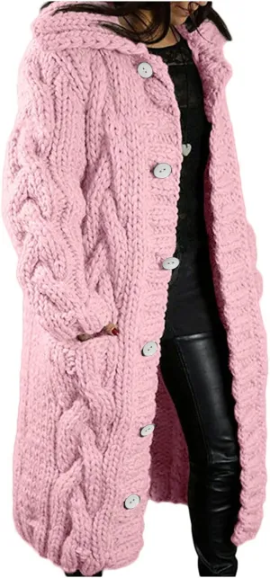 Womens 2024 Long Sleeve Cable Knit Long Cardigan Open Front Button Sweaters Fall Winter Chunky Overcaot with Pockets
