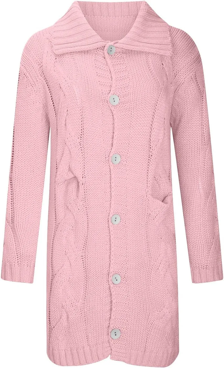 Womens 2024 Long Sleeve Cable Knit Long Cardigan Open Front Button Sweaters Fall Winter Chunky Overcaot with Pockets
