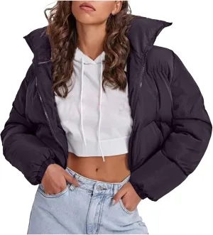 Women's 2024 Winter Long Sleeve Zip Cropped Puffer Jacket Parkas Pockets Baggy Short Down Coats Warm Quilted Jacket