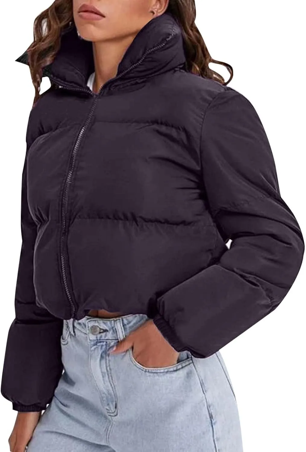 Women's 2024 Winter Long Sleeve Zip Cropped Puffer Jacket Parkas Pockets Baggy Short Down Coats Warm Quilted Jacket