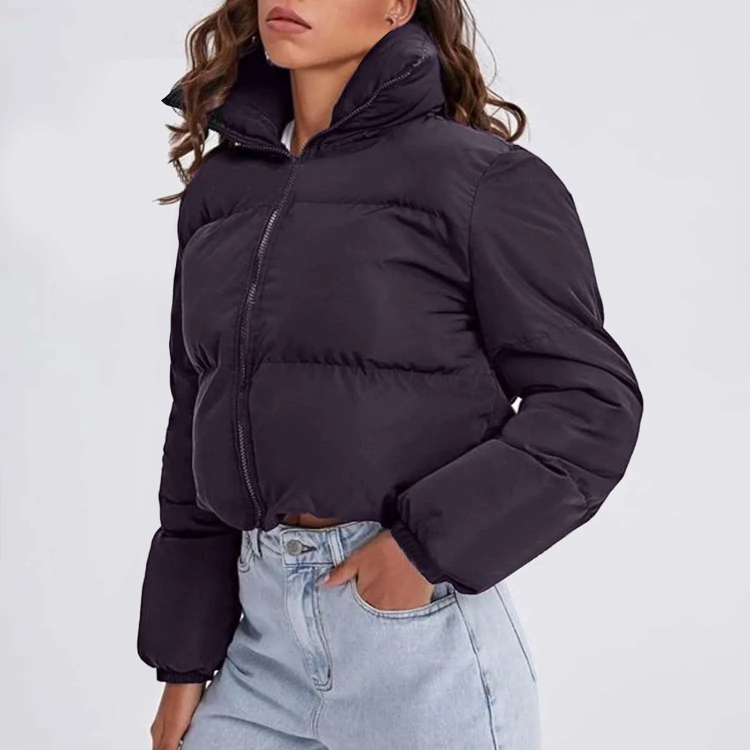 Women's 2024 Winter Long Sleeve Zip Cropped Puffer Jacket Parkas Pockets Baggy Short Down Coats Warm Quilted Jacket