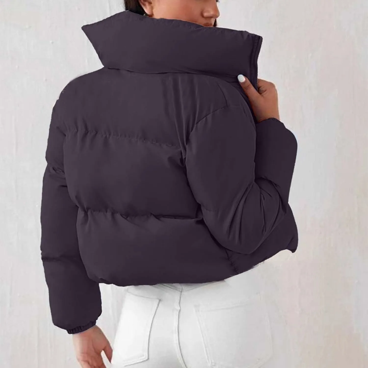 Women's 2024 Winter Long Sleeve Zip Cropped Puffer Jacket Parkas Pockets Baggy Short Down Coats Warm Quilted Jacket