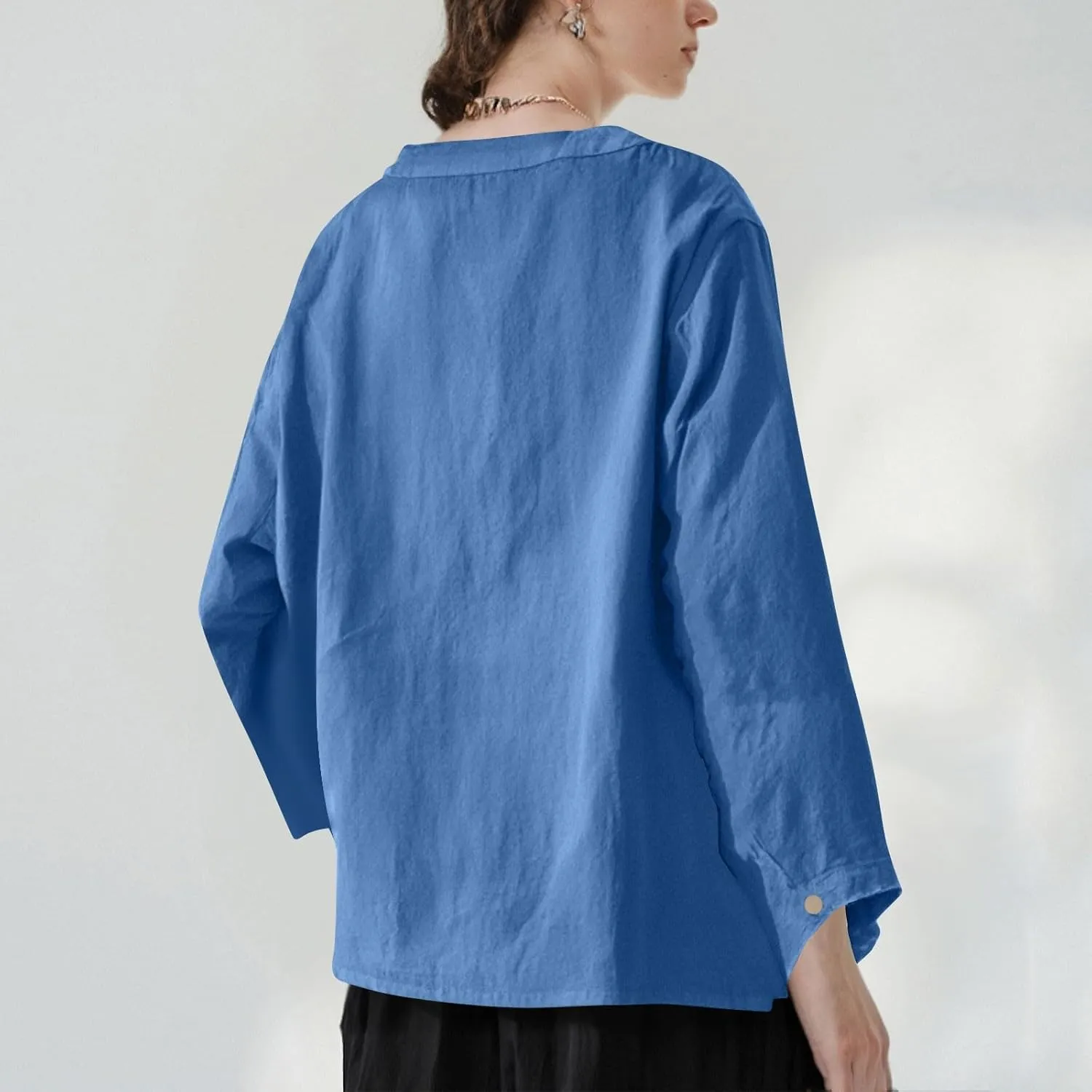 Womens 2025 Stand Collar Blouses Cotton-Linen Short Sleeve T-Shirts Summer Casual Loose Comfort Tops Daily Wear