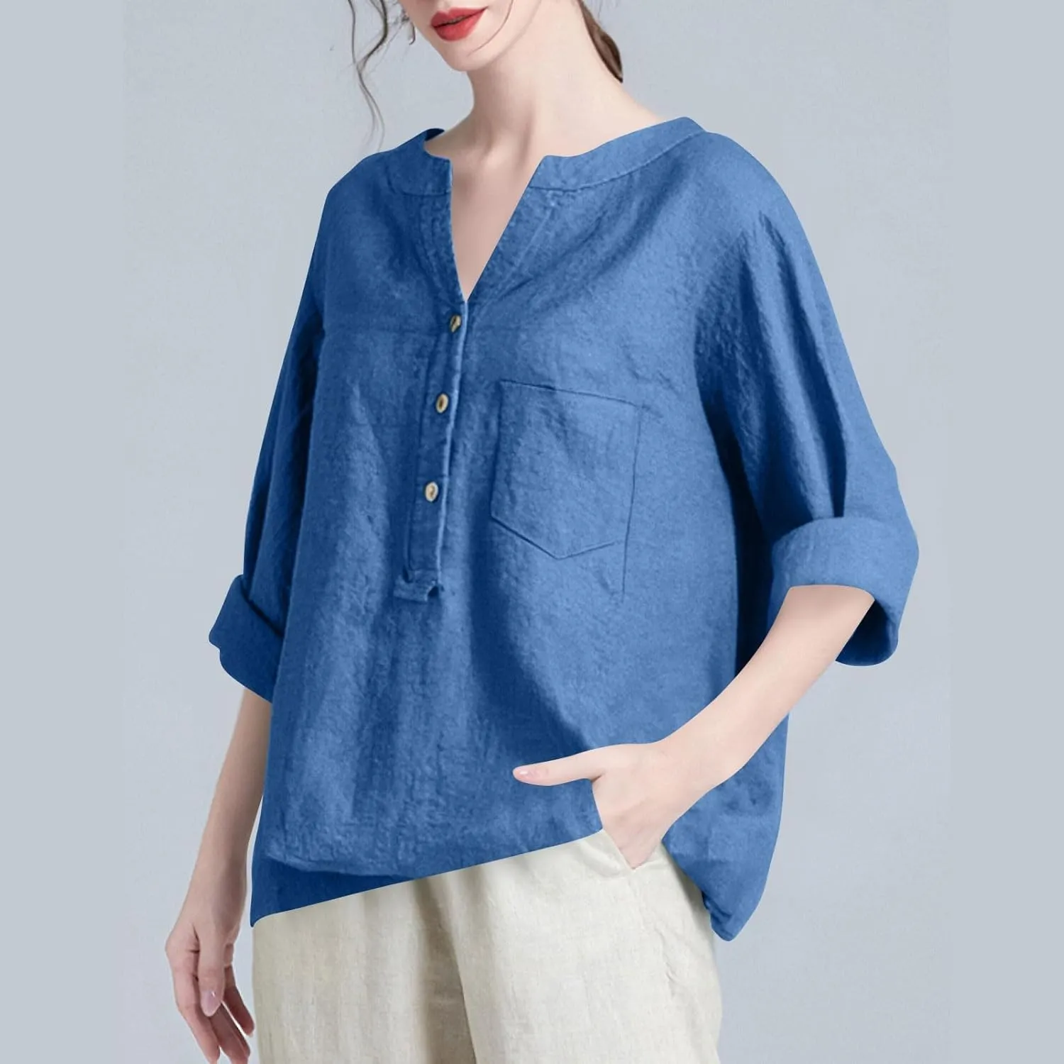 Womens 2025 Stand Collar Blouses Cotton-Linen Short Sleeve T-Shirts Summer Casual Loose Comfort Tops Daily Wear