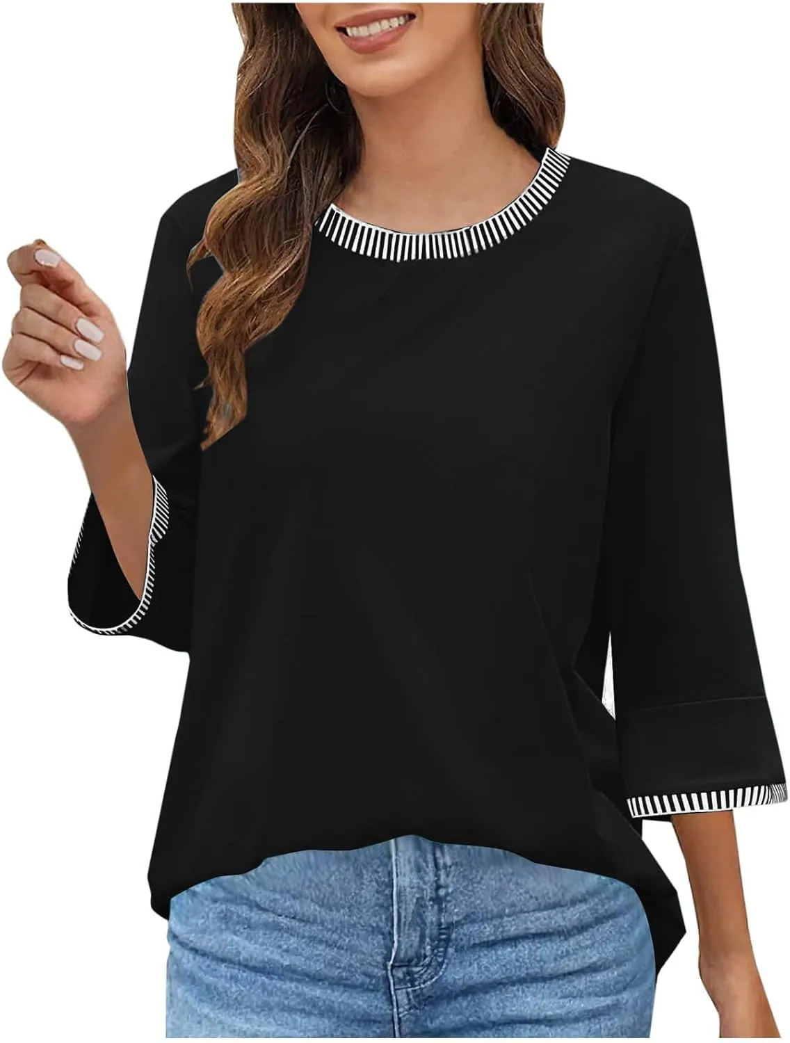 Women's 3/4 Sleeve Tops Dressy Casual Crew Neck Color Block Loose Shirts 2025 Summer Trendy Blouses Tees Blouses