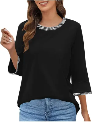 Women's 3/4 Sleeve Tops Dressy Casual Crew Neck Color Block Loose Shirts 2025 Summer Trendy Blouses Tees Blouses