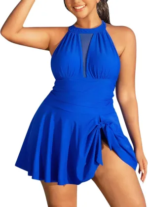 Women's Backless Swim Dress Sleeveless Pleated Tummy Control Swimwear One Piece Sexy Slimming Swimsuits