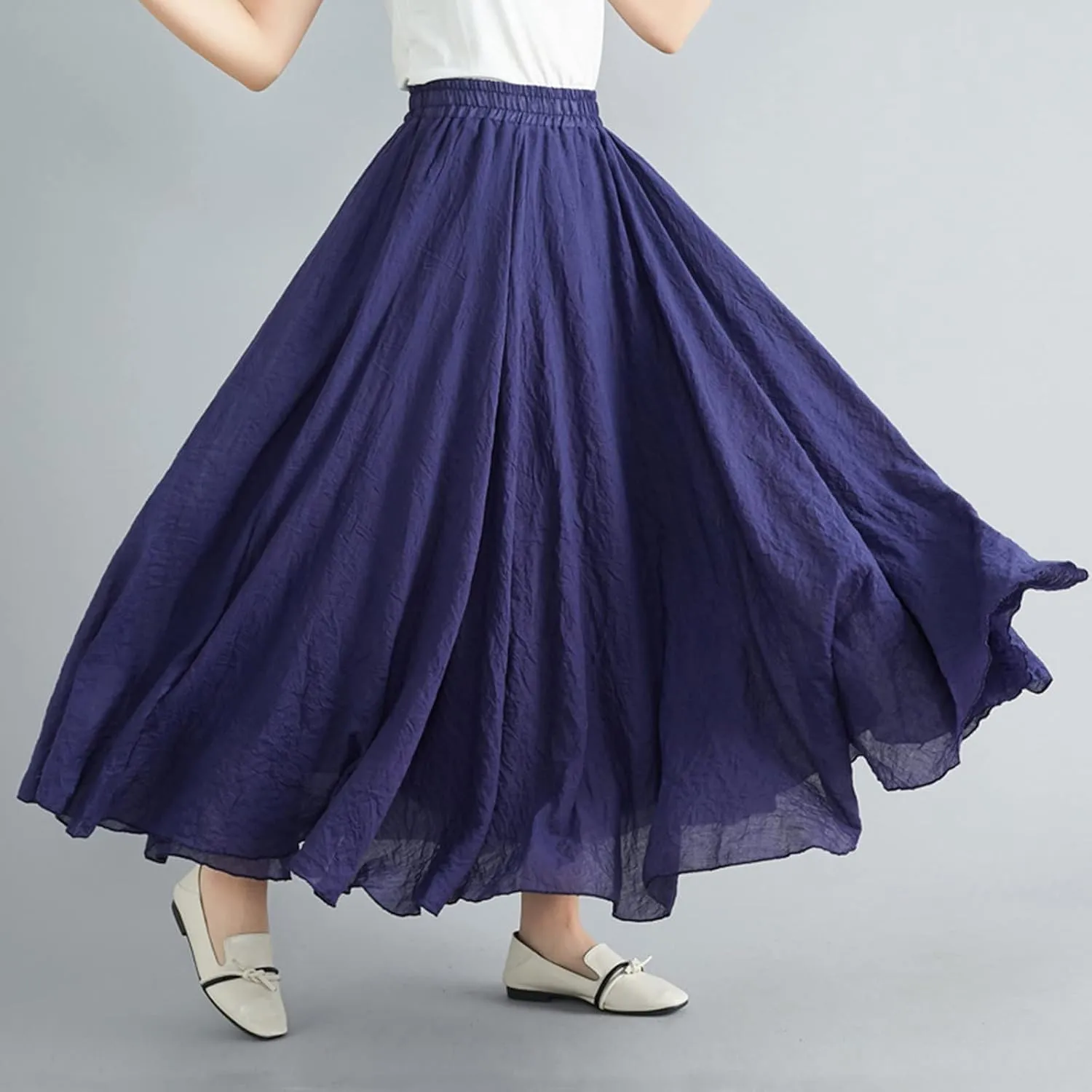 Women's Bohemian Style Elastic Waist Band Flowy Full Circle Cotton Linen Long Maxi Casual Beach Skirt Dress