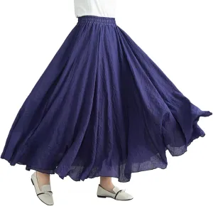Women's Bohemian Style Elastic Waist Band Flowy Full Circle Cotton Linen Long Maxi Casual Beach Skirt Dress