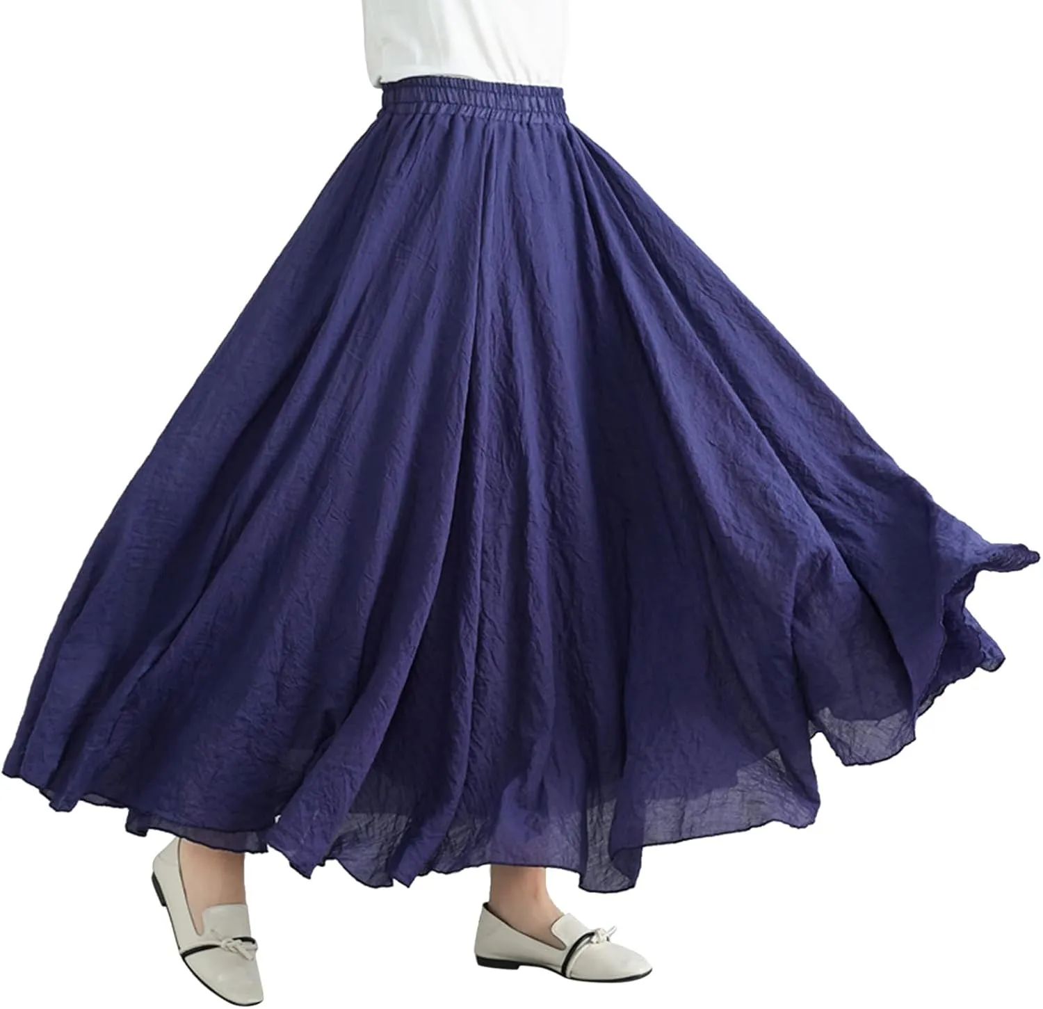 Women's Bohemian Style Elastic Waist Band Flowy Full Circle Cotton Linen Long Maxi Casual Beach Skirt Dress