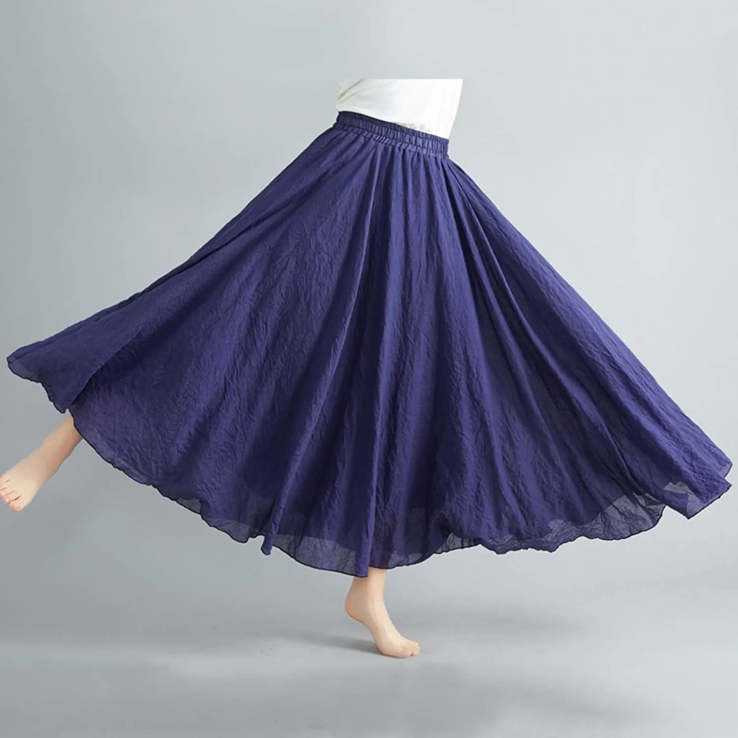 Women's Bohemian Style Elastic Waist Band Flowy Full Circle Cotton Linen Long Maxi Casual Beach Skirt Dress