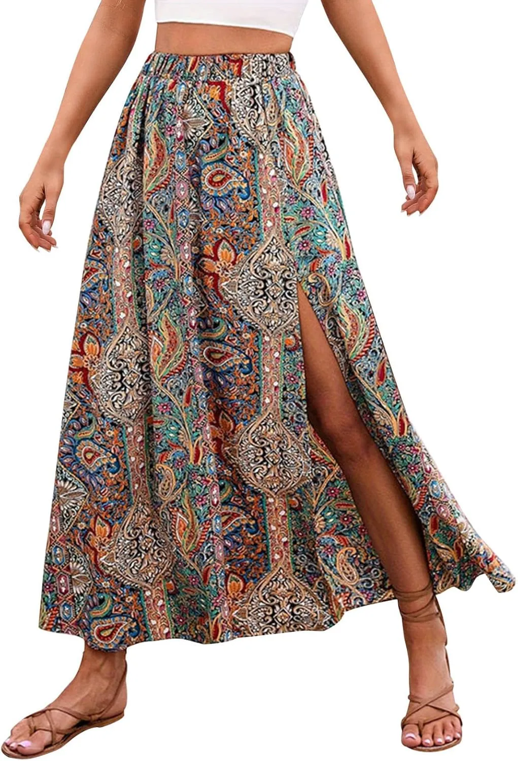 Women's Boho Skirts Paisley Print Bohemian Skirts Vintage Shirred High Waisted Ruffle Swing Long Maxi Flared Skirts