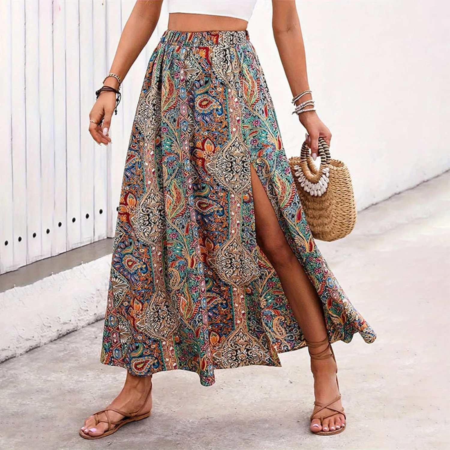 Women's Boho Skirts Paisley Print Bohemian Skirts Vintage Shirred High Waisted Ruffle Swing Long Maxi Flared Skirts