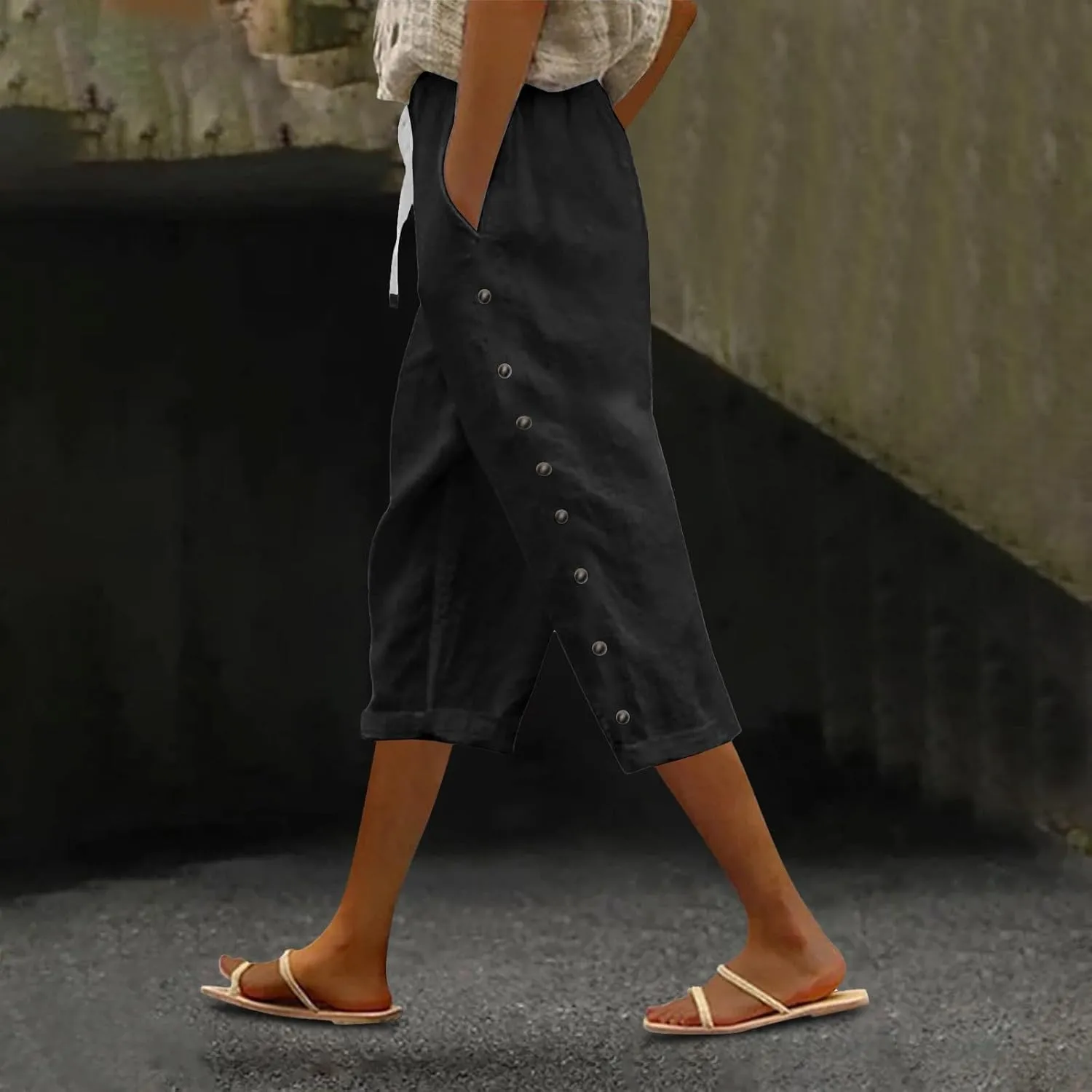 Women's Bottoms Solid Color Cotton Linen Elastic Seven Pants Beach Casual Pants Linen Summer Drawstring Waist Wide Leg