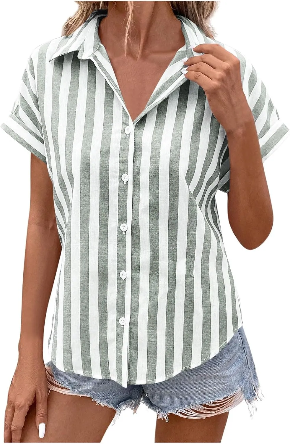 Women's Button Down Cotton Linen Shirts 2025 Summer Casual Plus Size Short Sleeve Gauze Tops Trendy Striped Blouses