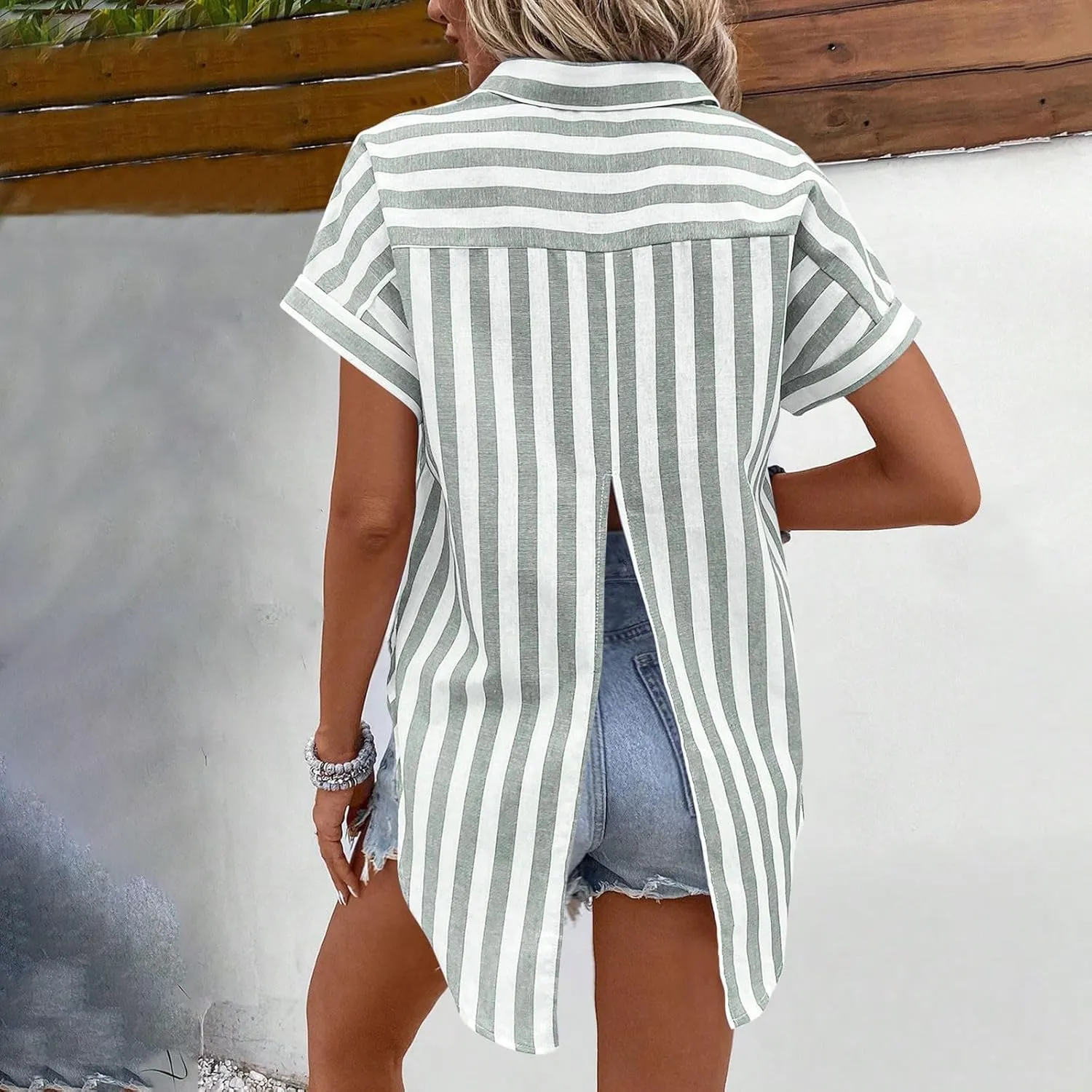 Women's Button Down Cotton Linen Shirts 2025 Summer Casual Plus Size Short Sleeve Gauze Tops Trendy Striped Blouses