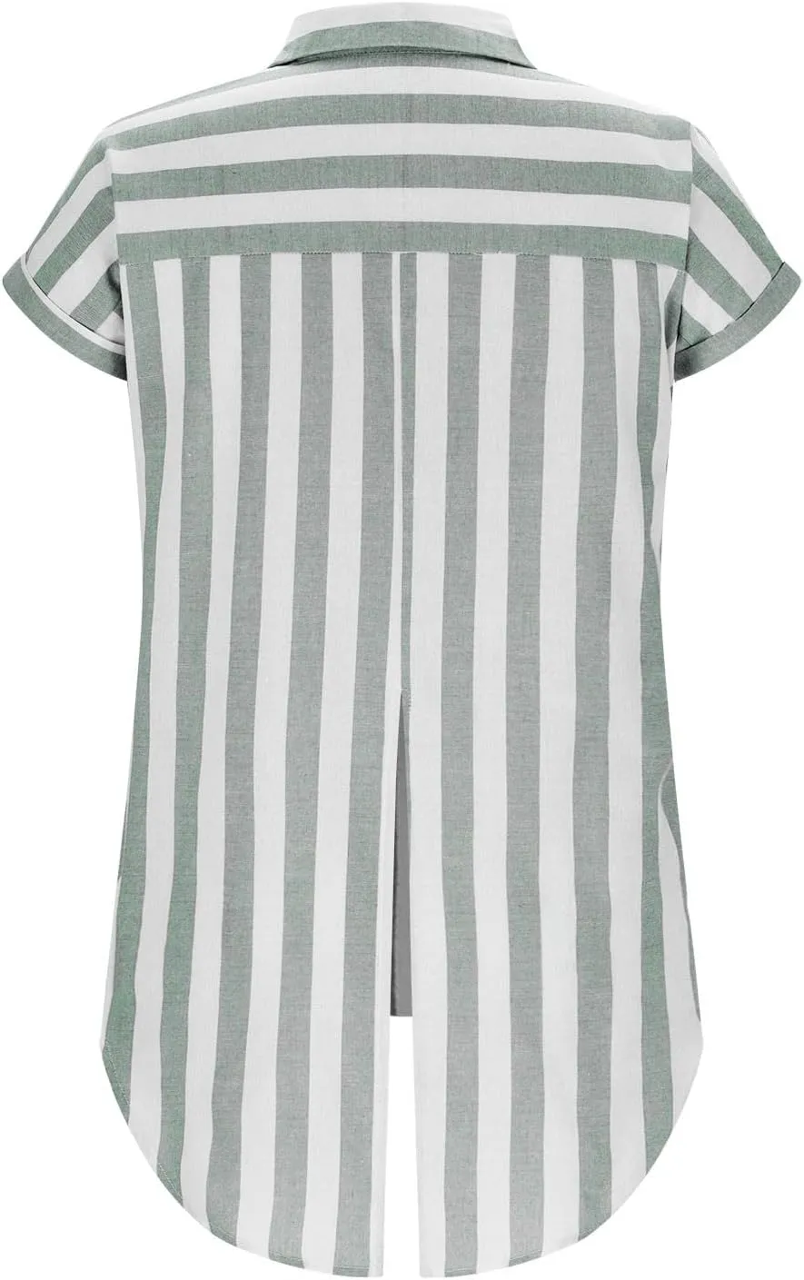 Women's Button Down Cotton Linen Shirts 2025 Summer Casual Plus Size Short Sleeve Gauze Tops Trendy Striped Blouses