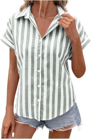 Women's Button Down Cotton Linen Shirts 2025 Summer Casual Plus Size Short Sleeve Gauze Tops Trendy Striped Blouses