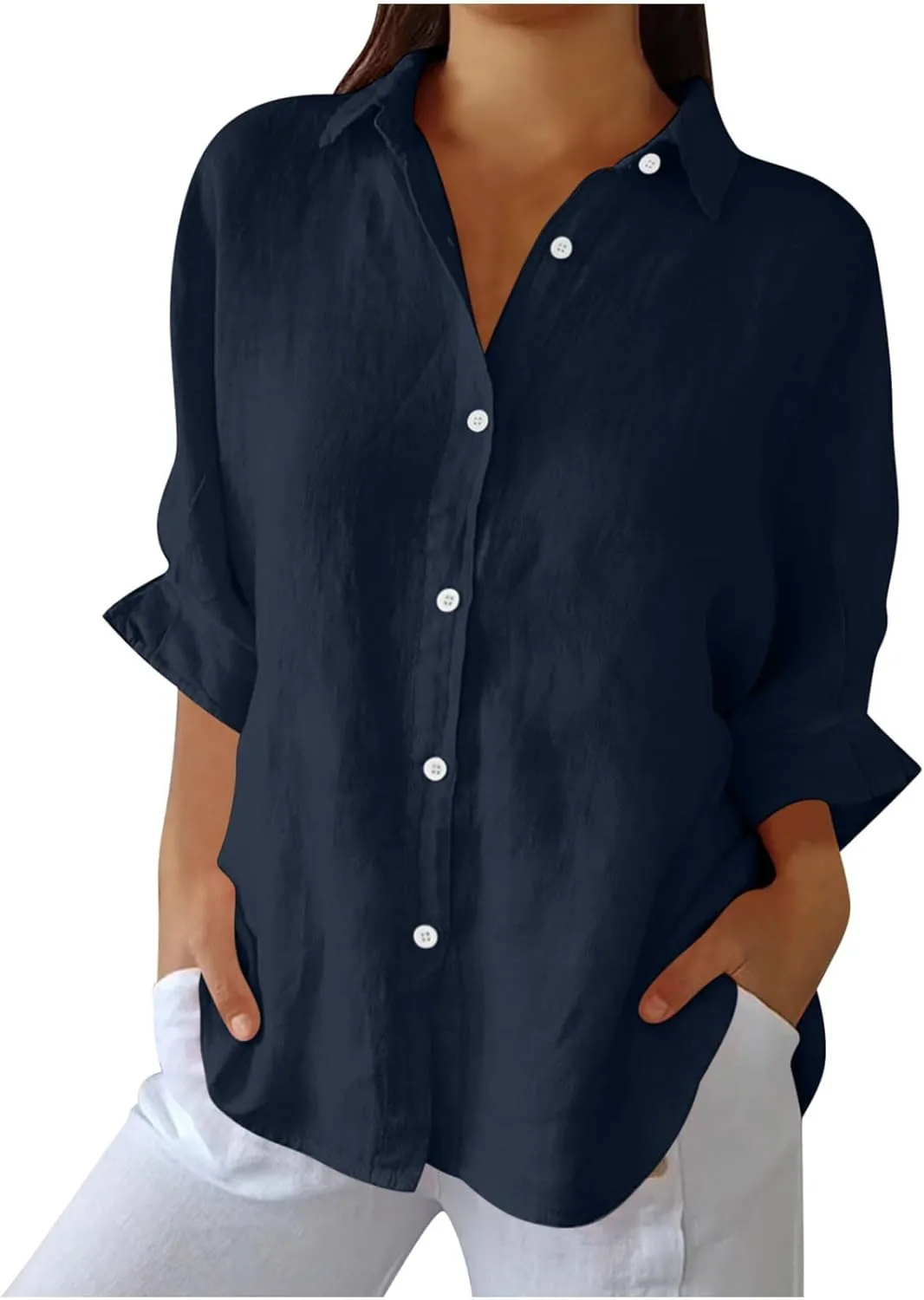 Womens Button Down Shirt Cotton Linen Lapel Tops Spring Summer Going Out Blouse 2025 Dressy Casual Loose Fit T Shirt