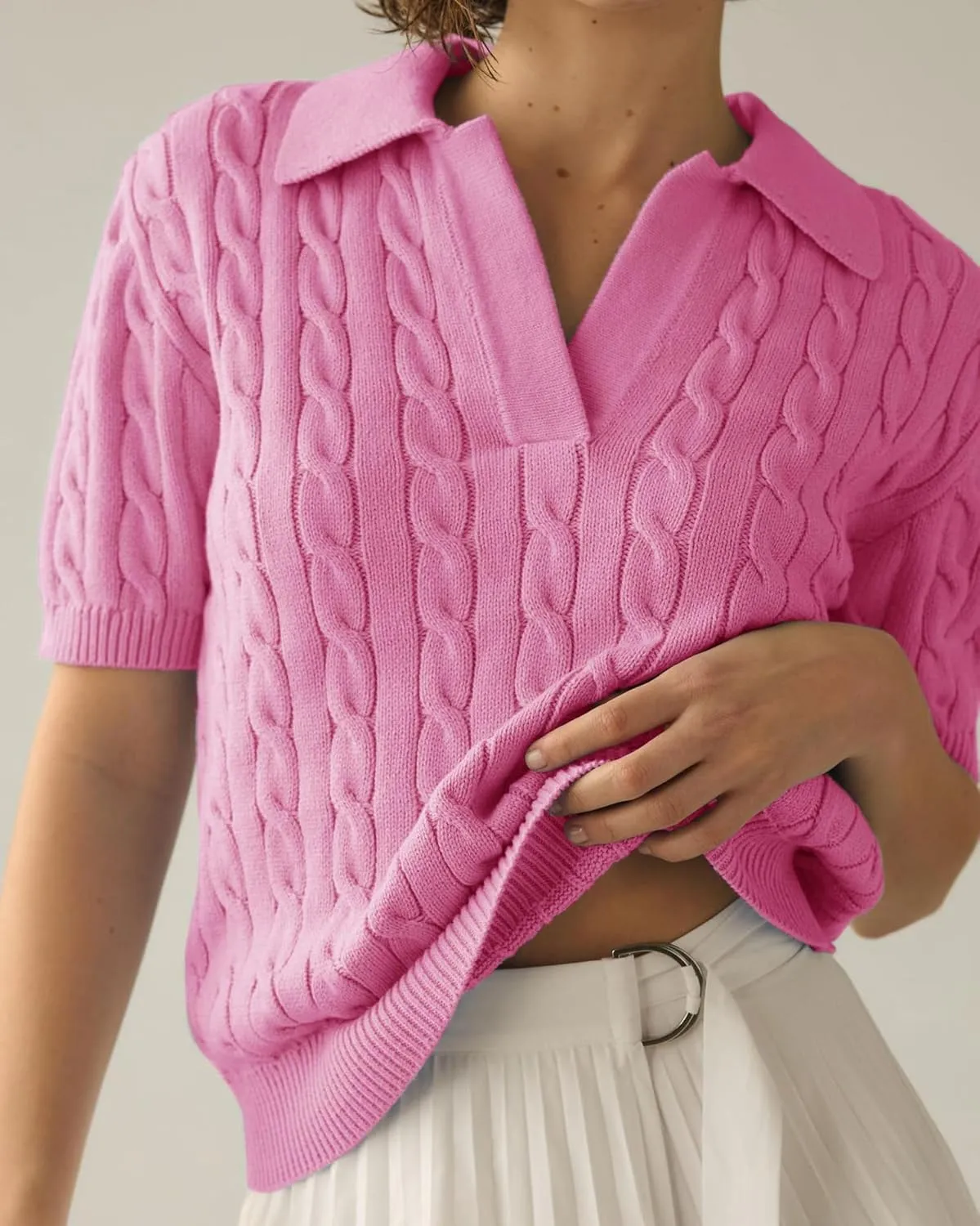 Womens Cable Knit Sweater T-Shirt V Neck Short Sleeve Knit Tops Summer Trendy Pullover Tops Knitwear