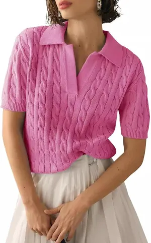 Womens Cable Knit Sweater T-Shirt V Neck Short Sleeve Knit Tops Summer Trendy Pullover Tops Knitwear