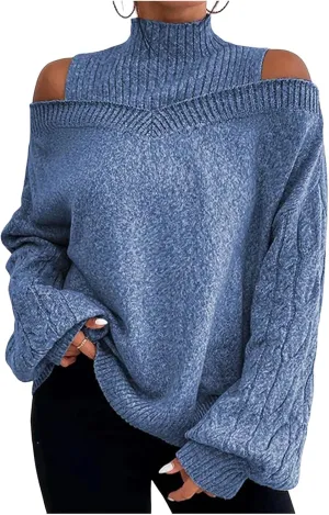 Women's Cable Knit Sweaters Off Shoulder Lantern Sleeve Sweatshirts Loose Turtleneck Pullover Tops 2024 Fall Outfits