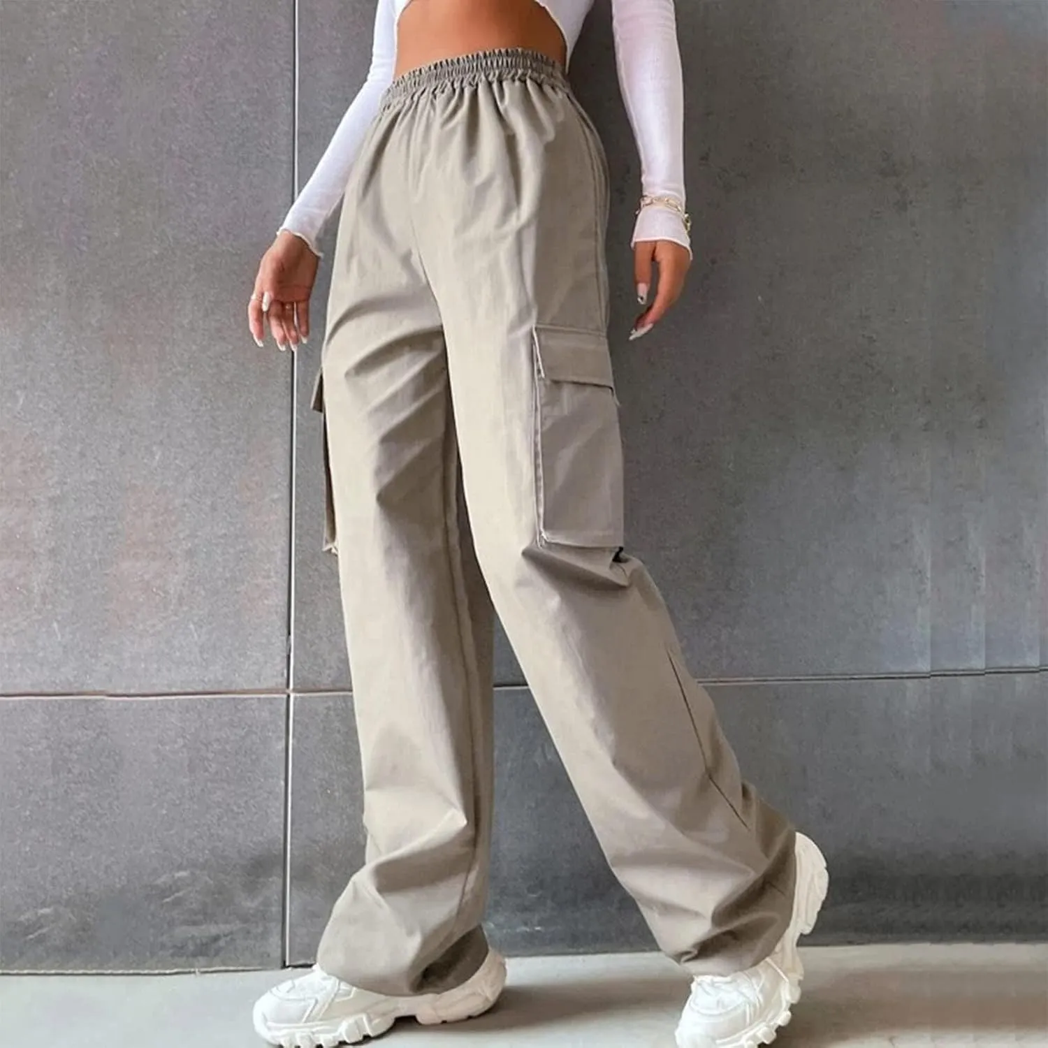 Womens Cargo Pants Casual High Waisted Straight Leg Baggy Trousers Wide Leg Pant Y2k Loose Workout Bottoms with Pocket
