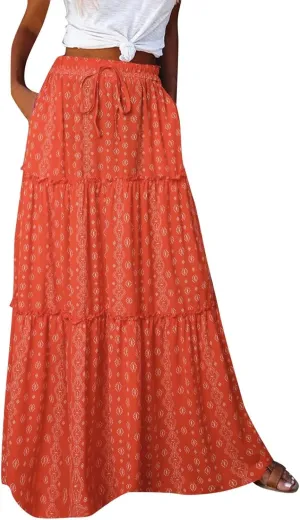Womens Casual High Waist Long Skirt Trendy Tiered Pleated Maxi Skirts Summer Boho Flowy A Line Ruffle Skirt