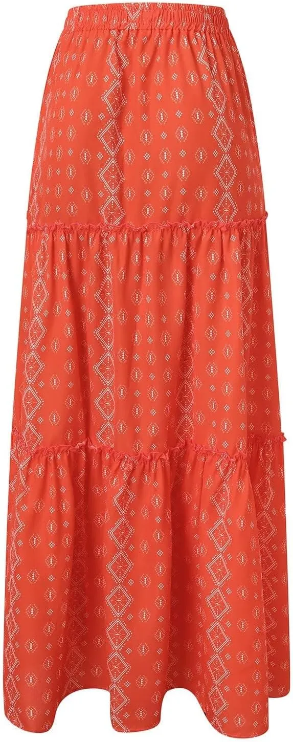 Womens Casual High Waist Long Skirt Trendy Tiered Pleated Maxi Skirts Summer Boho Flowy A Line Ruffle Skirt